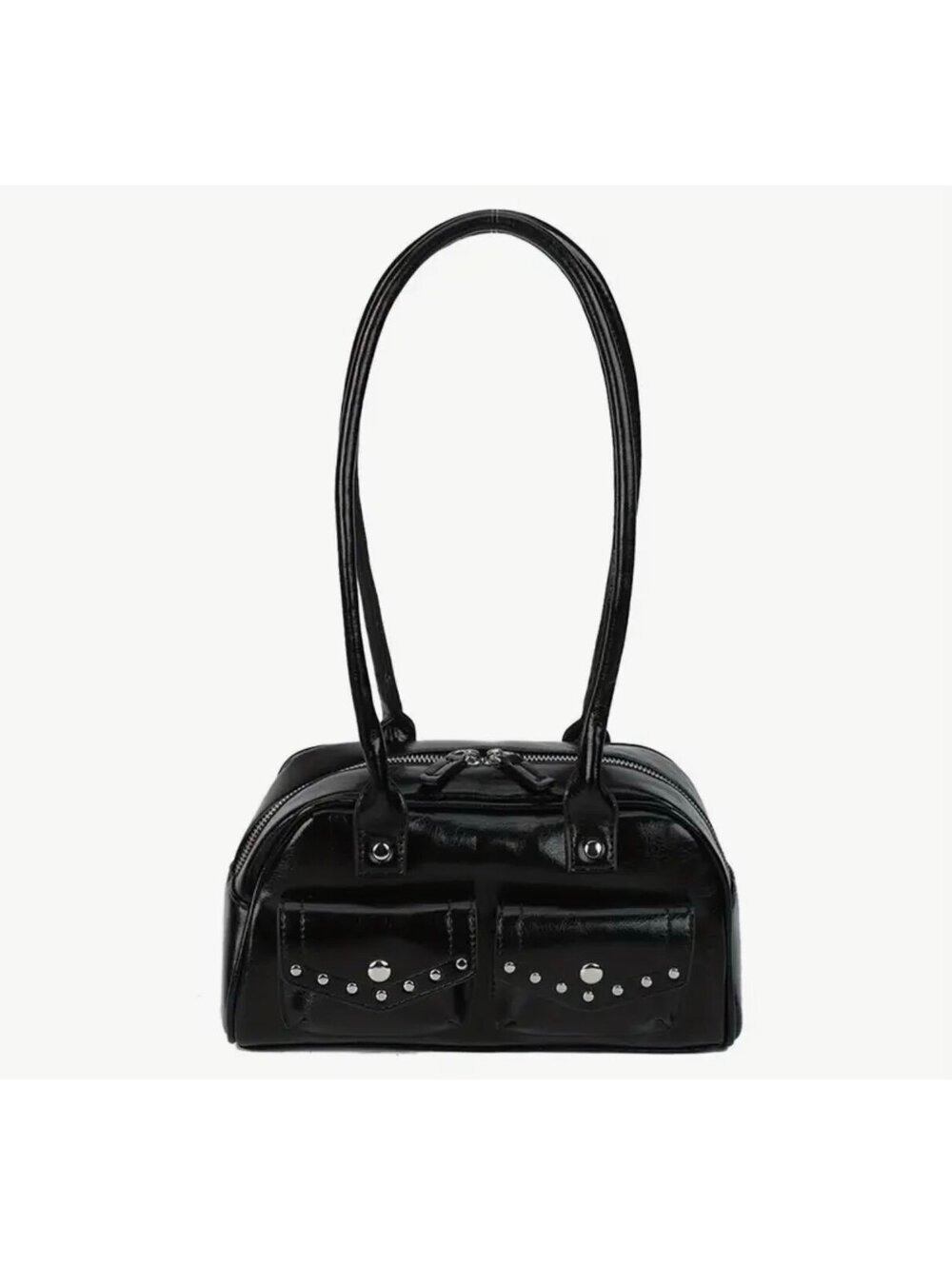 New -Trendy -Dual Front Pocket Faux Leather Shoulder Bag w/Rivet Details